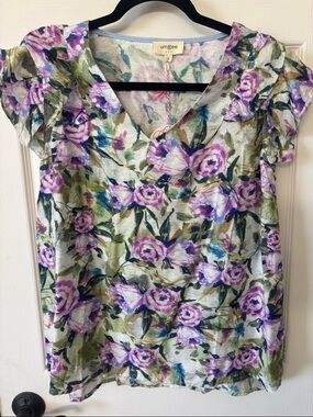 Umgee Lavender Floral V-Neck Ruffle Sleeve Top